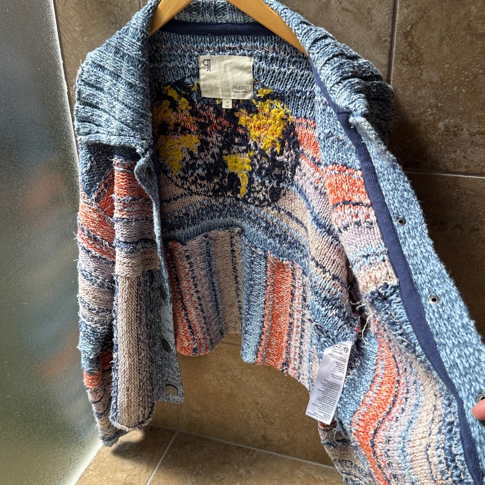 Anthropologie Pilcro Embroidered Earth Cardigan Crop Sweater Iconic World Soft M - Picture 17 of 17